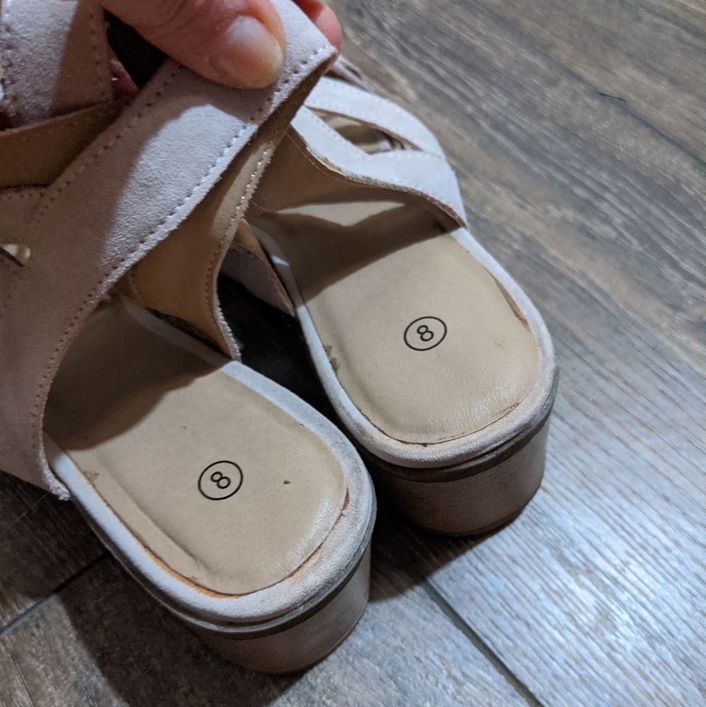 Nude tan suede lace up chunky block cage heels 8 EUC - Picture 2 of 4